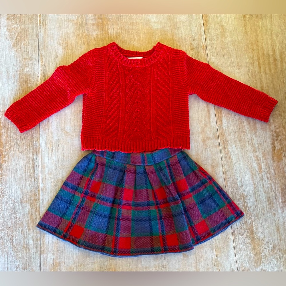 Tommy Bahama red sweater, and plaid skirt set